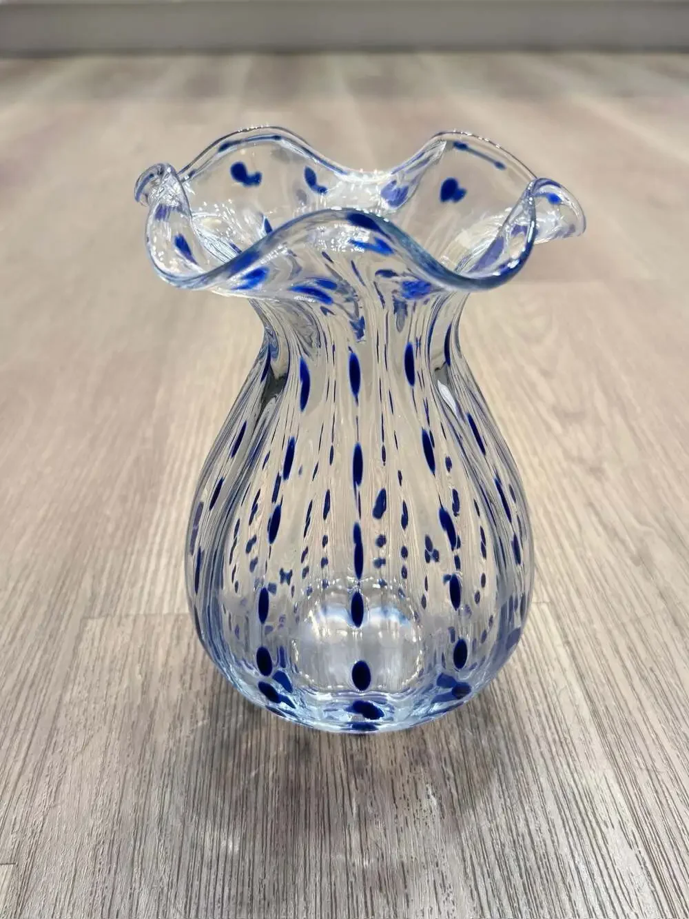 Hand Blown Clear Glass Vase with Cobalt Blue Polka Dots and Ruffled Rim